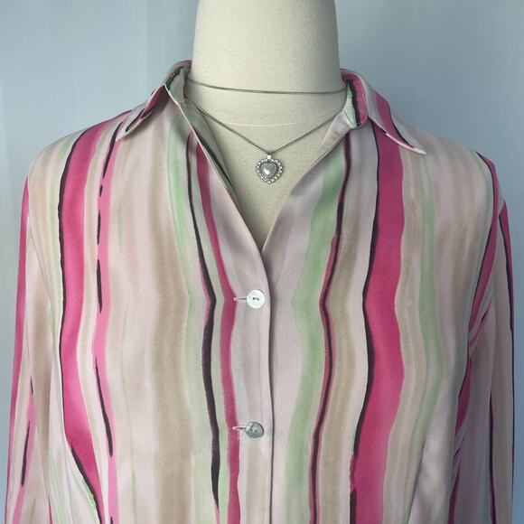 Dress Barn Blouse Plus Size 1X White Pink Green Stripe Button Long Sleeve Office - Picture 2 of 15